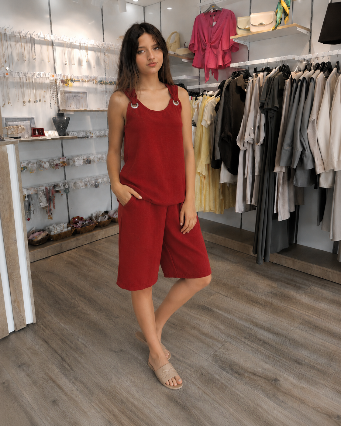 Kiremit Halka Detaylı Şortlu İkili Takım